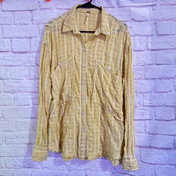 Free People Yellow and off white button up blouse Sz M BOHO - Picture 1 of 6